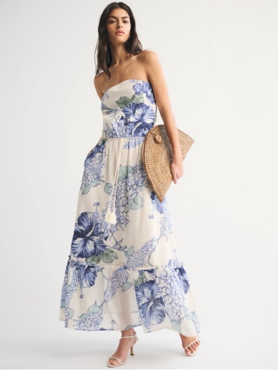 Abercrombie & Fitch Dresses & Skirts - Abercrombie & Fitch Blue Floral Strapless Easy Waist Maxi Dress Womens S Tall